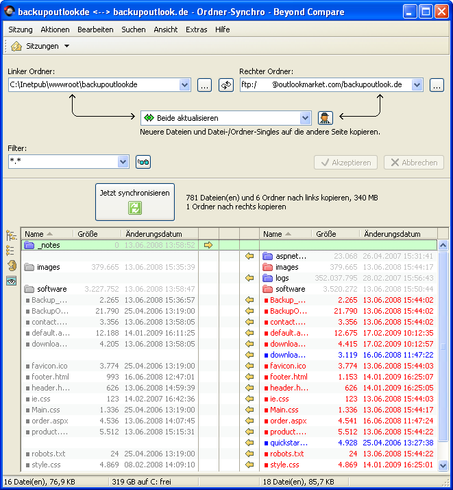 Screenshot vom Ordnerabgleich in Beyond Compare
